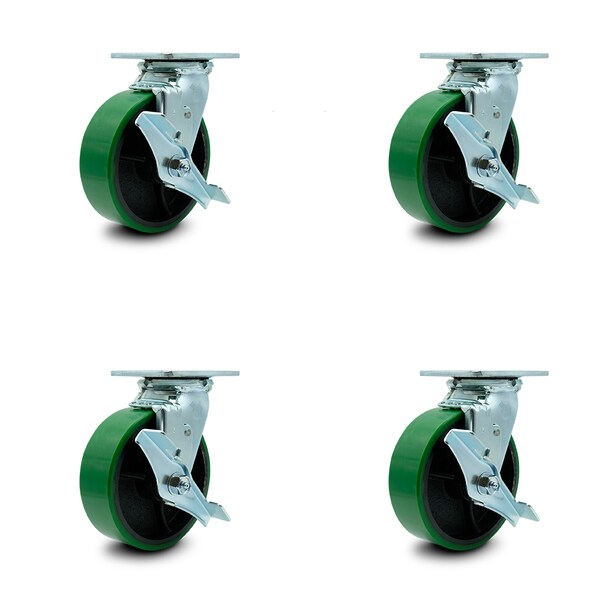 6 Inch Green Poly on Steel Caster Set with Ball Bearings and Brake/Swivel Lock